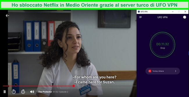 Netflix riproduce un programma televisivo turco mentre UFO VPN è connesso al suo server in Turchia