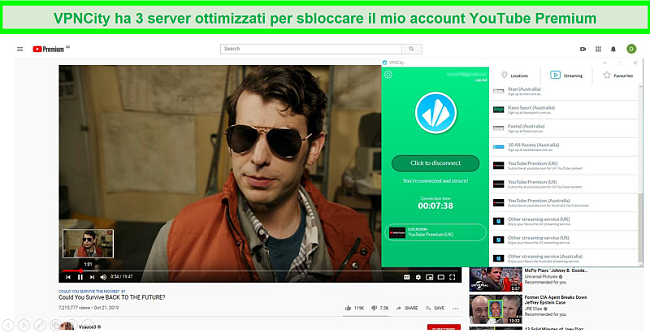 Screenshot di YouTube Premium riprodotto in HD mentre è connesso al server di streaming YouTube Premium di VPNCity nel Regno Unito