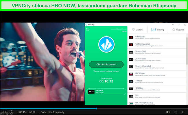 Screenshot di HBO NOW che riproduce Bohemian Rhapsody mentre è connesso al server di streaming HBO Now di VPNCity