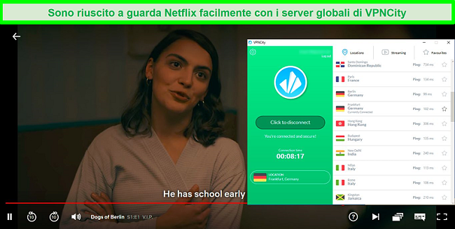 Screenshot di Netflix in streaming Dogs of Berlin mentre VPNCity è connesso a un server in Germania