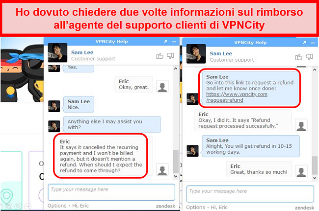 Screenshot di una conversazione live in chat di VPNCity che mostra il processo di richiesta di rimborso