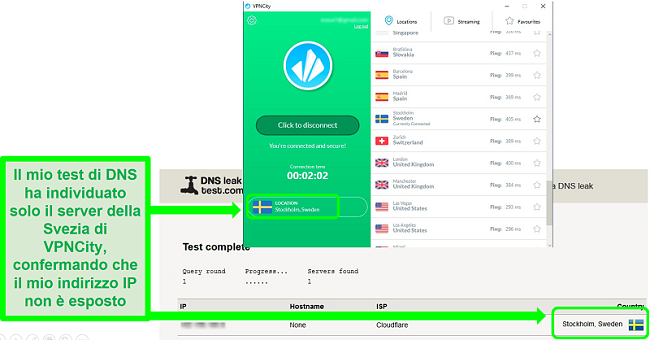 Screenshot di VPNCity connesso a un server svedese e che supera un test di tenuta DNS