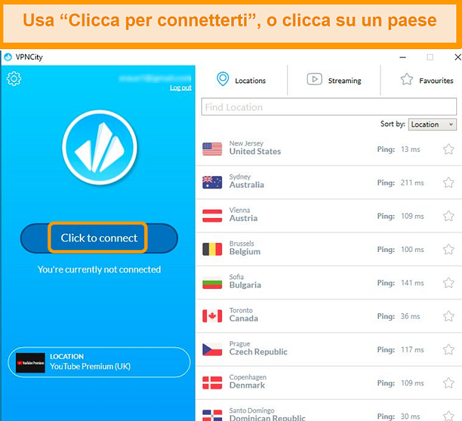 Screenshot dell'interfaccia VPNCity