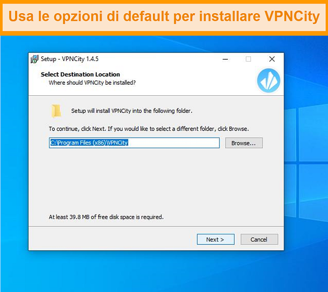 Screenshot dalle schermate di installazione di VPNCity