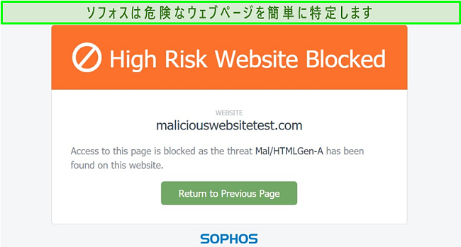 マルウェアをホストしているサイトをブロックしているソフォスのスクリーンショット。