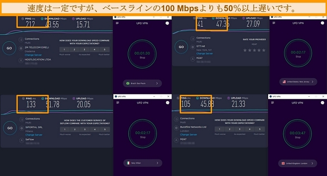 4つの異なる大陸のUFOVPNサーバーの速度を示す速度テスト結果のスクリーンショット