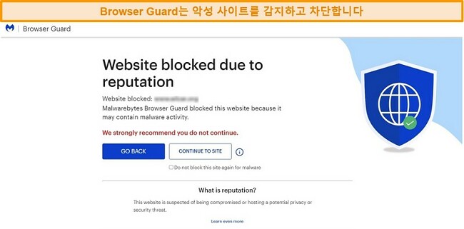 멀웨어를 호스팅하는 웹 사이트에 대한 액세스를 차단하는 Browser Guard의 스크린 샷.