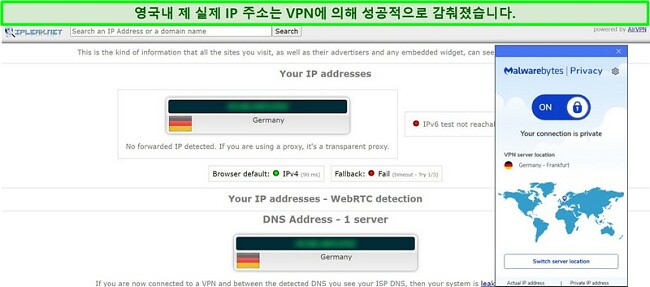 Malwarebytes Privacy VPN에 대한 IP 및 DNS 누출 테스트 스크린 샷