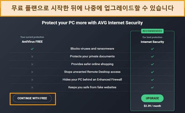 AVG 계획을 보여주는 스크린샷