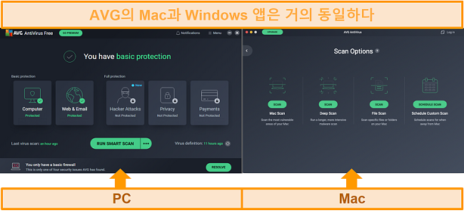 AVG 바이러스 백신 PC 및 Mac 앱 대시 보드를 비교 한 스크린 샷
