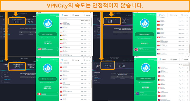 Speedtest.net 결과 스크린 샷, 4 개 국가에서의 속도 표시