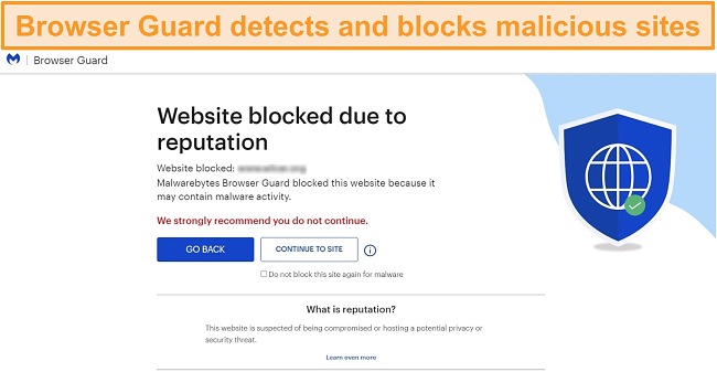 Screenshot of Browser Guard preventing access to a website hosting malware.