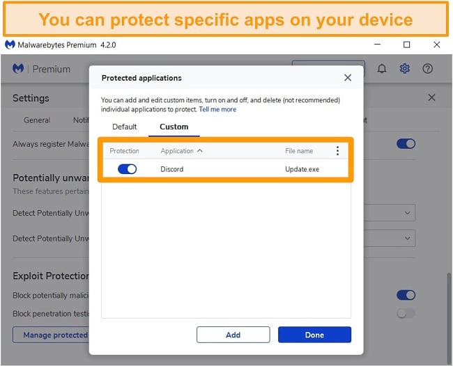 Screenshot of Malwarebytes' Exploit Protection protected apps list.