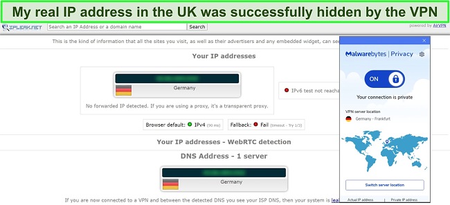 Screenshot of IP and DNS leak test for Malwarebytes Privacy VPN