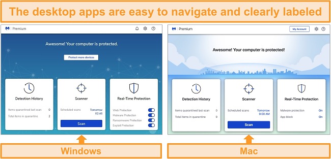 Screenshots highlighting MalwareByte's user-interface on Windows and Mac