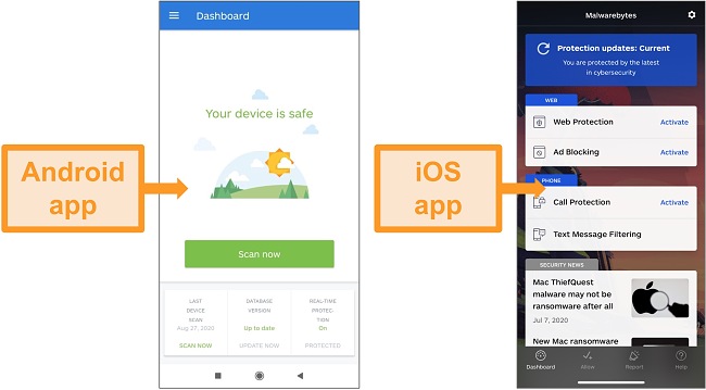 Screenshots of Android and iOS app interfaces.