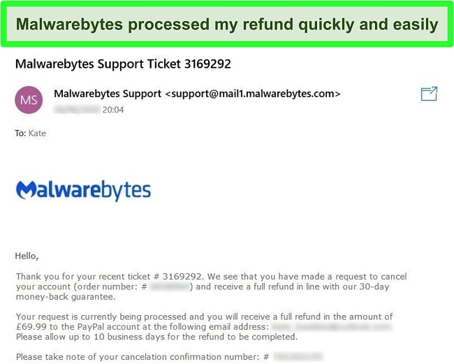 Screenshot of Malwarebytes' refund process with an email response to a refund request ticket.