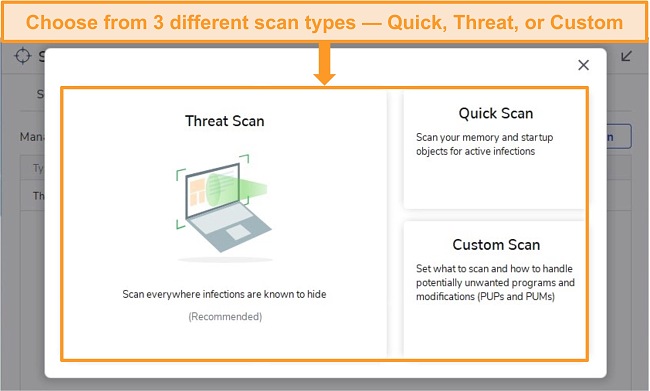 Screenshot of Malwarebytes virus scan options.