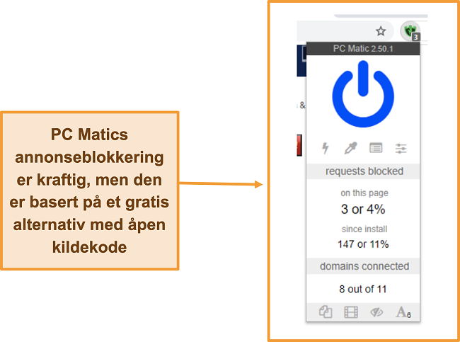 Skjermbilde av PC Matics annonseblokkering.