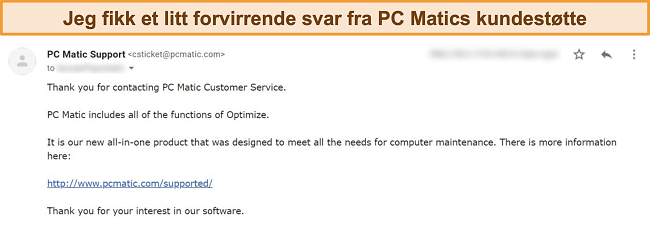 Skjermbilde av svar fra PC Matic via e-post.