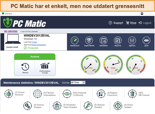 Skjermbilde av PC Matics skrivebordsgrensesnitt.