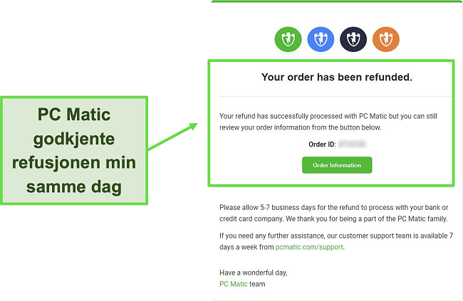 Skjermbilde av PC Matic-bekreftelses-e-post for refusjon.