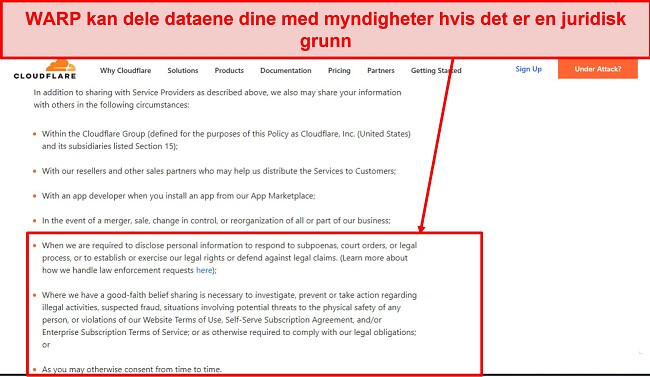 Skjermbilde av Cloudflares personvernpolicy