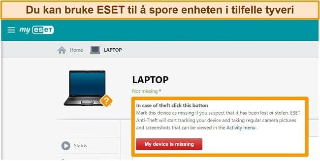 Skjermbilde av ESETs tyveri-dashbord