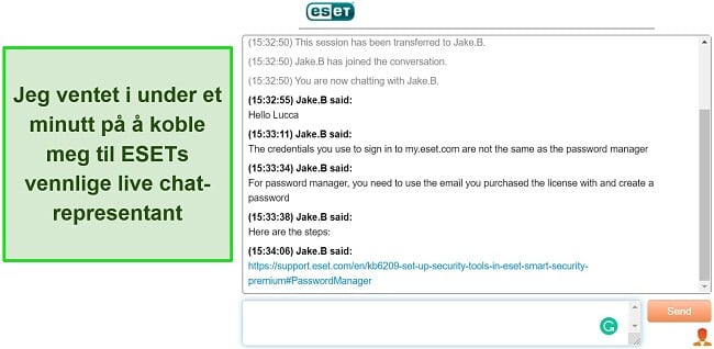 Skjermbilde av ESETs live chat