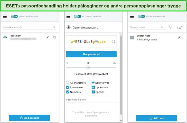Skjermbilde av ESETs passordbehandling