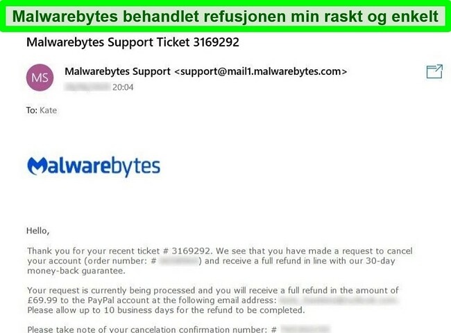Skjermbilde av Malwarebytes 'refusjonsprosess med svar fra e-post på billett til forespørsel om refusjon.