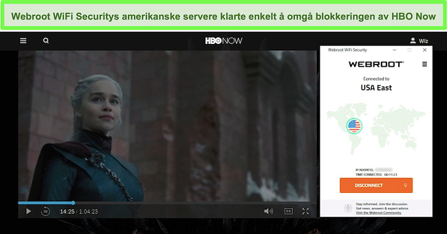 Skjermbilde av HBO Nå spiller Game of Thrones mens du er koblet til en server i USA