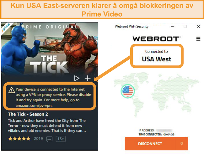 Skjermbilde av Amazon Prime Videos proxy-feil mens den er koblet til Webroot WiFi Securitys USA West-server