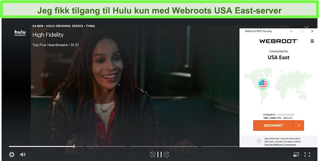 Hulu-streaming High Fidelity mens den er koblet til Webroots USA East-server