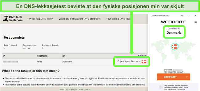 Skjermbilde av en vellykket DNS-lekkasjetest mens Webroot WiFi Security er koblet til en server i Danmark