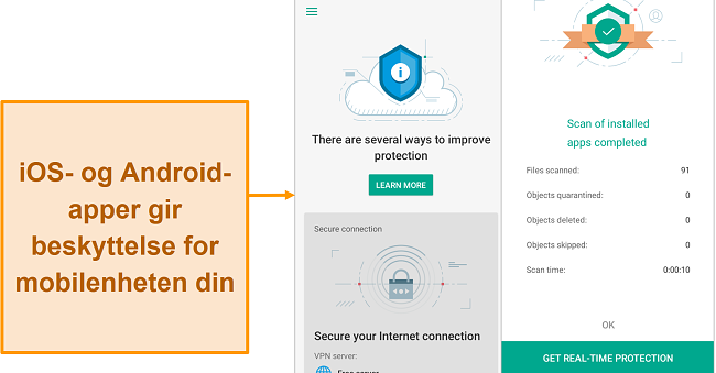 Skjermbilde av Kaspersky Security Cloud på iOS sammenlignet med Android-versjonen