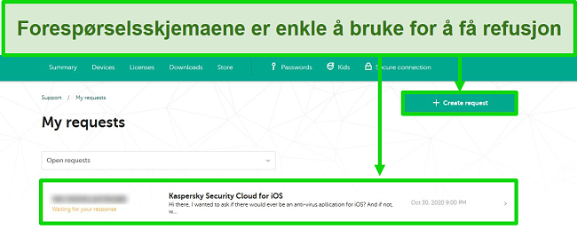 Skjermbilde av Kaspersky-støtteforespørsler på Kaspersky-nettstedet.