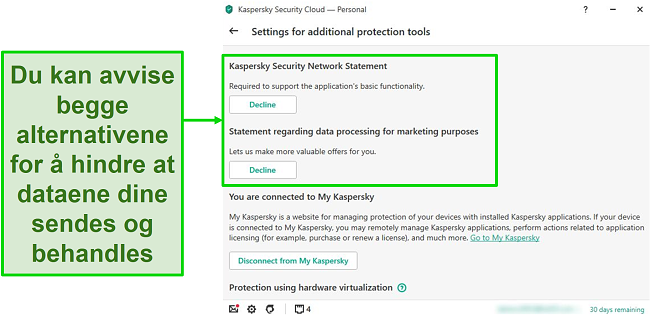 Skjermbilde av Kaspersky desktop-alternativer for deaktivering av personopplysninger.