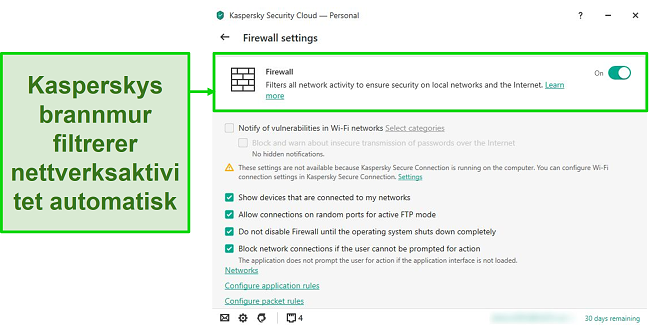 Skjermbilde av Kaspersky desktop-brannmurinnstillinger som lar deg tilpasse reglene og filtrene.