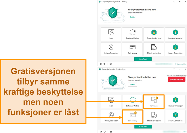 Skjermbilde av Kaspersky Security Cloud Free-skrivebordet som viser låste funksjoner mot en premiumversjon.