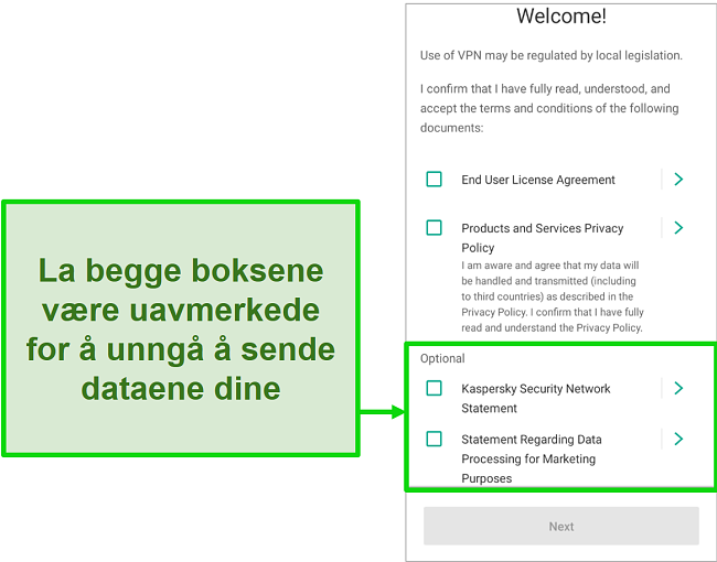 Skjermbilde av Kaspersky Antivirus-mobilappen som viser bortmeldingsskjerm for datainnsamling på velkomstmenyen.