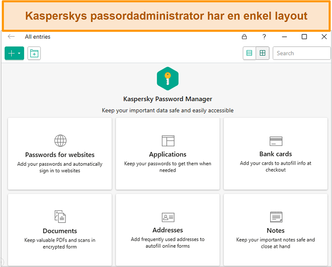 Skjermbilde av Kaspersky Password Manager-applikasjon, med valget mellom å legge til passord, bankkort, adresser og dokumenter.