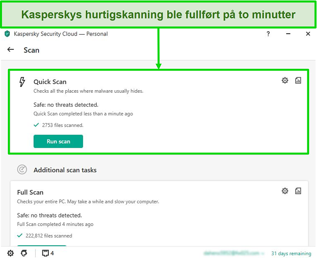 Skjermbilde av Kaspersky Antivirus desktop-appens hurtigskanningsresultatskjerm.