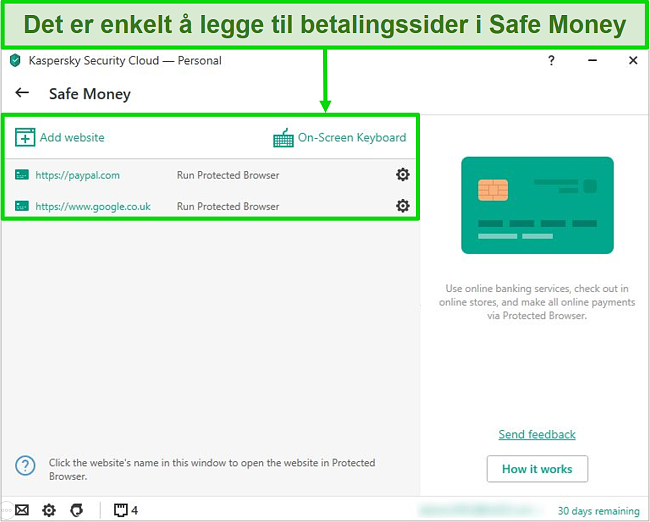 Skjermbilde av Kaspersky Safe Money-applikasjon som lar deg legge til nettsteder for sikker bruk.