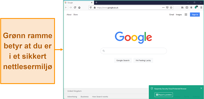Skjermbilde av Kaspersky Security Cloud Protected Browser med et sikkert varsel.