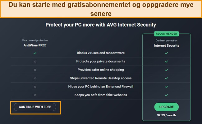 Skjermbilde som viser AVG-planer