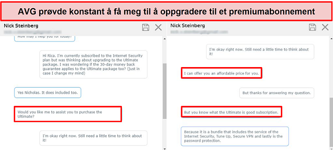 Skjermbilde som viser AVGs live chat-verktøy