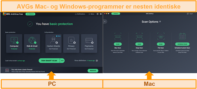 Skjermbilde som sammenligner AVG antivirus PC og Mac app dashboards