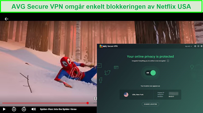 Skjermbilde av AVG SecureVPN som blokkerer US Netflix