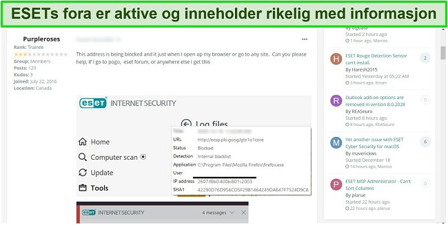 Skjermbilde av ESETs fellesskapsforum